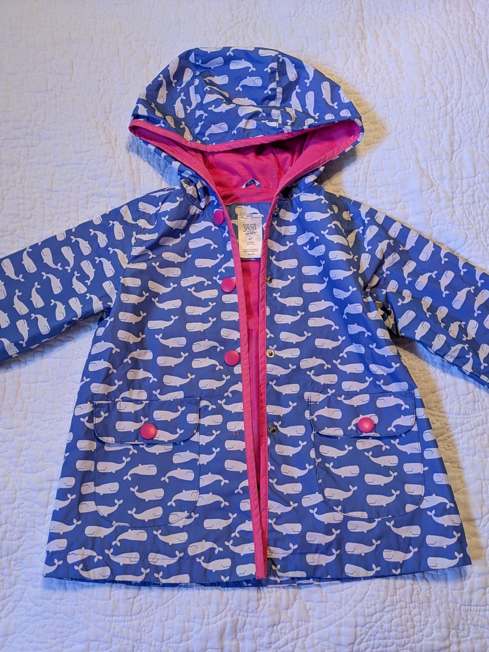 4T Blue Whale Print Hooded Raincoat with Pink Trim